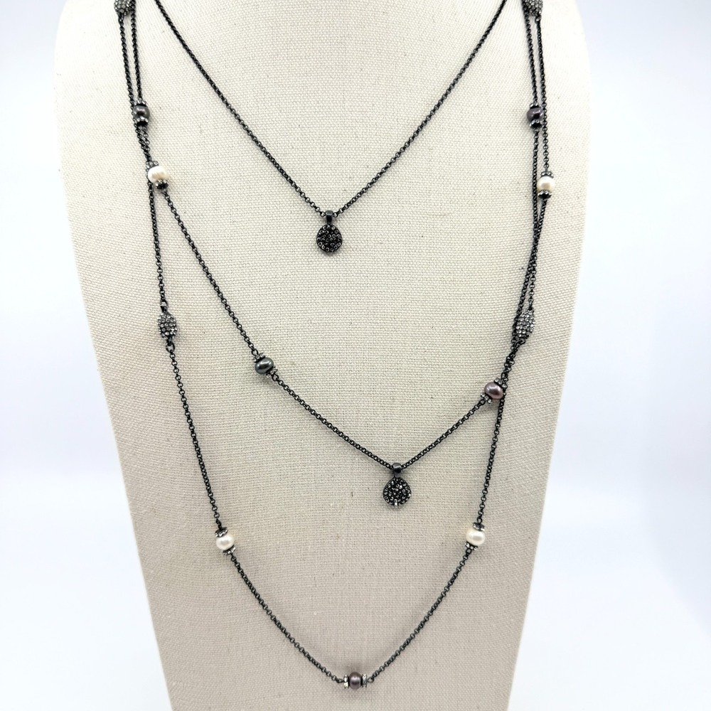 Vintage Y2K Gunmetal Multi Strand Layered Necklace Faux Pearl Crystal Charms